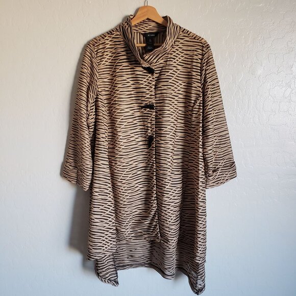 Ali Miles Wavy Textured Striped Semi-Sheer Tunic Jacket Tan 1X Lagenlook Artsy - Picture 1 of 12